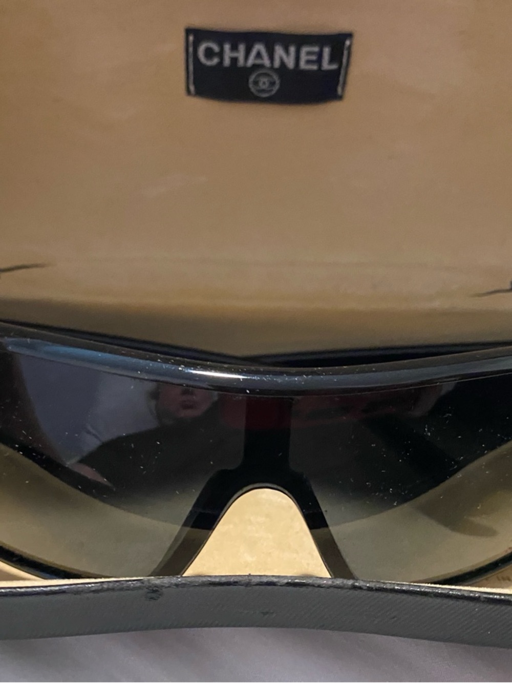 CHANEL Vintage Black Shield Sunglasses with black Lenses.